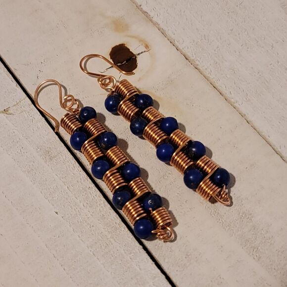 Handmade Copper Coil Bead Earrings – Artisan Dangle Jewelry with Blue Beads - Picture 7 of 7